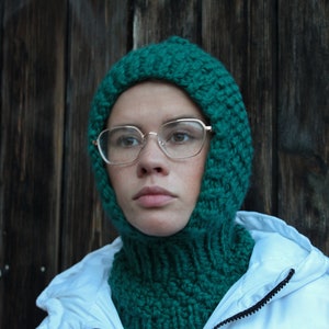 Balaclava Woolen hat in emerald green,mango socky balaclava knit beanie,knit helmet,knit hat,crochet balaclava, knitted hood