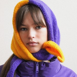 Hand knitted Bicolour Mohair Headscarf in Rich Amber Yellow & Purple,kerchief knitted,headscarf wool image 1