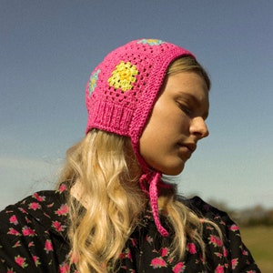 Patchwork Granny Square Adult Crochet Bow Tie Bonnet in pink and multi colour, patchwork crochet cotton hat