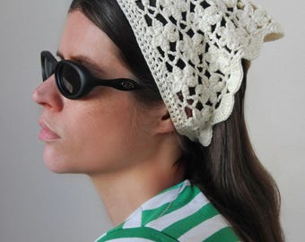 Floral Crochet Headscarf in Buttermilk,kerchief knitted,summer headscarf