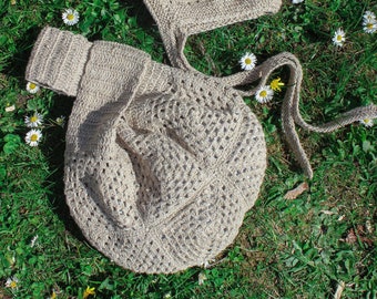 Hand-knitted Crochet Japanese Knot essential bag in camel beige, tote bag, wrist bag