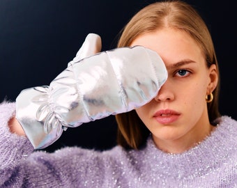 Disco Puffer Mittens on Strings in Silver