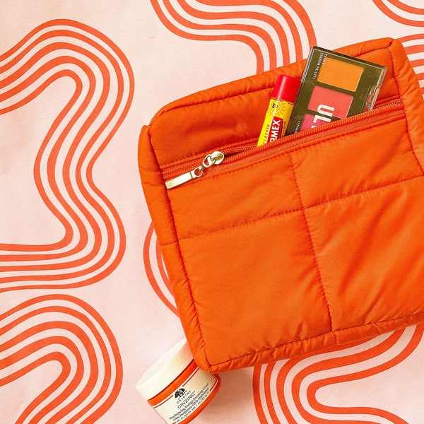 Pillow Puffer Vanity Bag in Orange, Quilted Vanity Bag, Zipper Cosmetic Bag, Toiletry Bag, travel accessories key glasses bag, small pouch