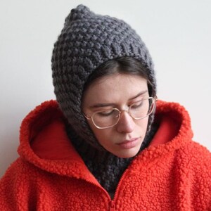 Balaclava Woolen Chunky hat in graphite grey ,mango socky balaclava knit beanie,knit helmet,knit hat,crochet balaclava, knitted hood zdjęcie 5