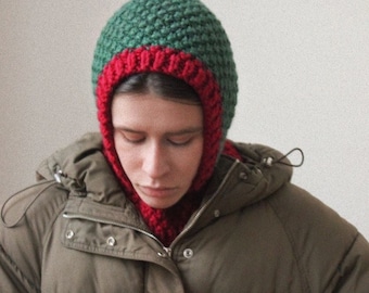 Balaclava Woolen Chunky hat in green and maroon red; mango socky balaclava knit beanie,knit helmet,knit hat,crochet balaclava, knitted hood