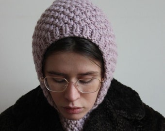 Balaclava Woolen Chunky hat in powder pink pink ,mango socky balaclava knit beanie,knit helmet,knit hat,crochet balaclava, knitted hood