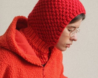 Balaclava Woolen Chunky hat in red and orange ,mango socky balaclava knit beanie,knit helmet,knit hat,crochet balaclava, knitted hood