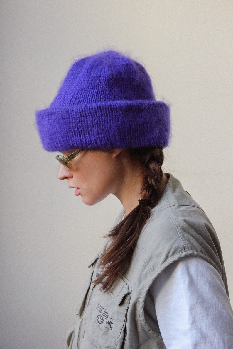 Hand Knitted Mohair Beanie Hat in Rich Purple image 1