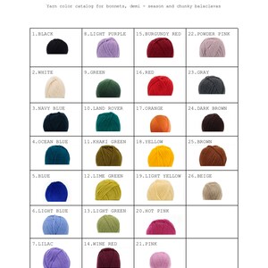 Puede incluir: Una carta de colores de muestras de hilo para tejer gorros y bolsos. Los colores del hilo incluyen negro, blanco, azul marino, azul oc&eacute;ano, azul, azul claro, lila, morado claro, verde, land rover, verde caqui, verde lima, verde claro, vino tinto, rojo burdeos, rojo, naranja, amarillo, amarillo claro, rosa intenso, rosa, rosa claro, gris, marr&oacute;n oscuro, marr&oacute;n y beige.