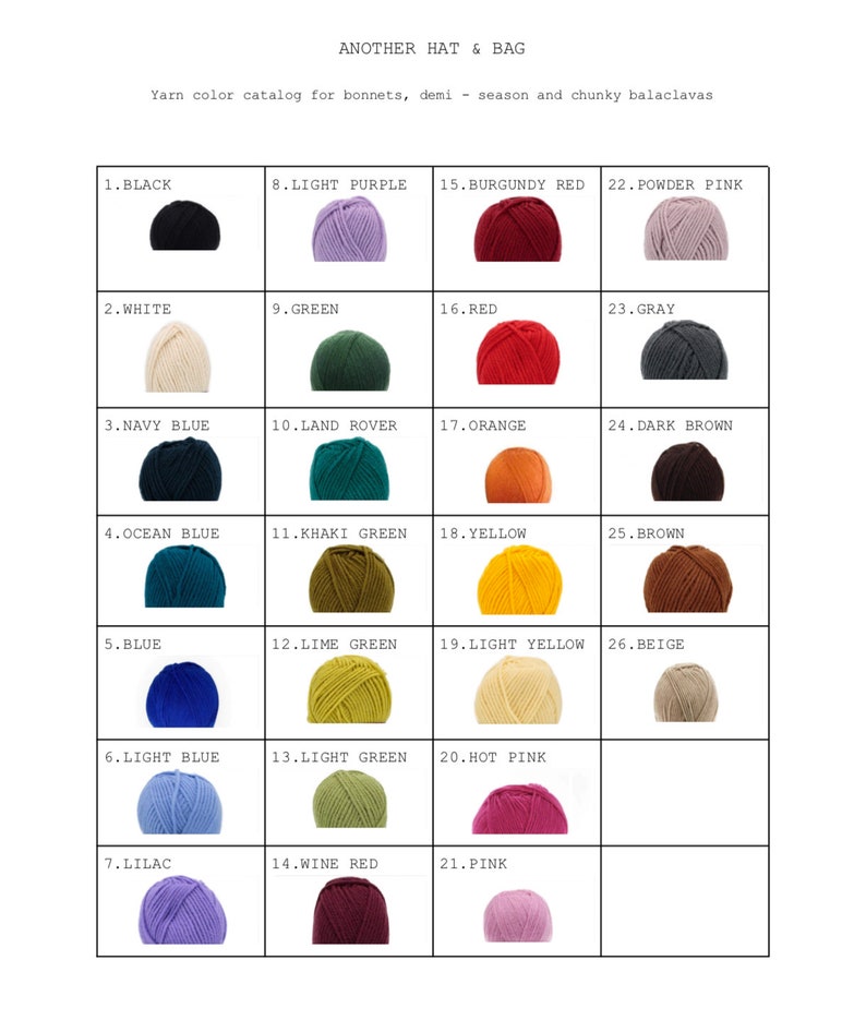 Puede incluir: Una carta de colores de muestras de hilo para tejer gorros y bolsos. Los colores del hilo incluyen negro, blanco, azul marino, azul oc&eacute;ano, azul, azul claro, lila, morado claro, verde, land rover, verde caqui, verde lima, verde claro, vino tinto, rojo burdeos, rojo, naranja, amarillo, amarillo claro, rosa intenso, rosa, rosa claro, gris, marr&oacute;n oscuro, marr&oacute;n y beige.