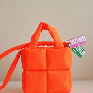 MINI PILLOW PUFFER essential bag in neon orange , tote bag , neon mandarin bag image 5