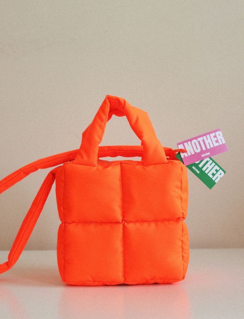 MINI PILLOW PUFFER essential bag in neon orange , tote bag , neon mandarin bag image 5