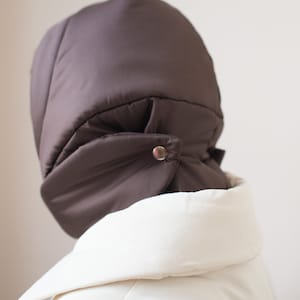 PILLOW HEADSCARF Balaclava in Dark Brown ,scarf quilted shawl bandana shawl puffer, babyshka style Quilted Headscarf, the bear image 4