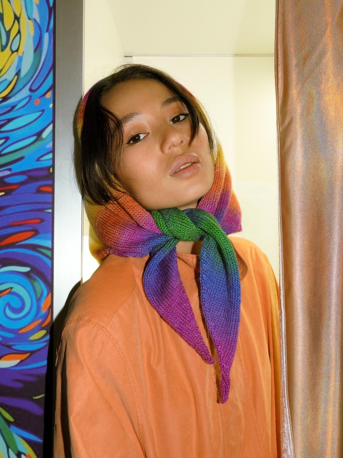 Hand - knitted Random Spectrum Woolen Headscarf,kerchief,multicolor