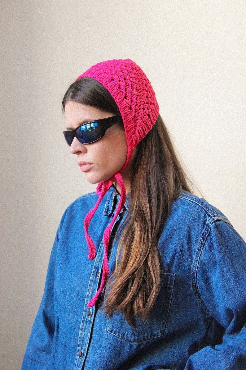 Hand knitted Demi Season Adult Bow Tie Mesh Bonnet Headband in hot pink, tie headband, headband image 1