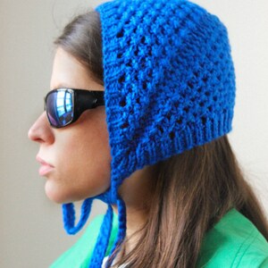 Hand knitted Demi Season Adult Bow Tie Mesh Bonnet Headband in Blue, tie headband, headband image 6
