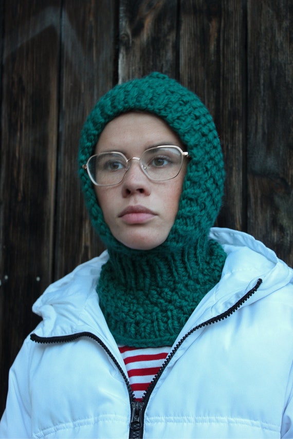 Balaclava Woolen Hat in Emerald Green,mango Socky Balaclava Knit