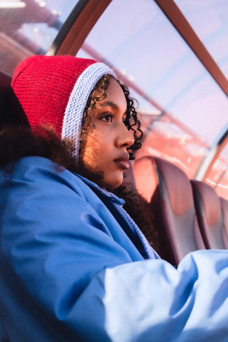 Handknitted Adult Bow Tie Chunky Hat in Burgundy and Light Blue