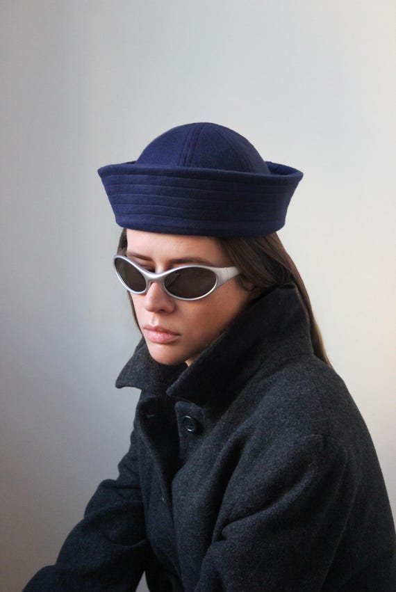 Drape Marine Pillbox in Navy ,fall hat,autumn headwear,sailor hat, drapery hat