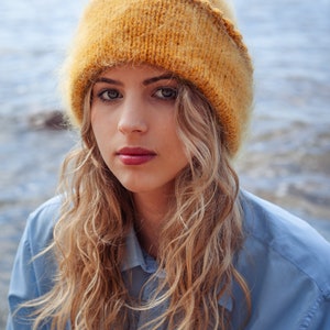 Hand Knitted Mohair Beanie Hat in Mustard yellow image 2