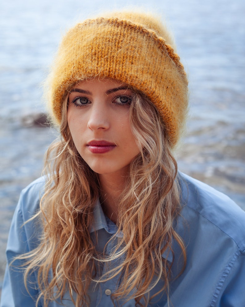 Hand Knitted Mohair Beanie Hat in Mustard yellow image 2