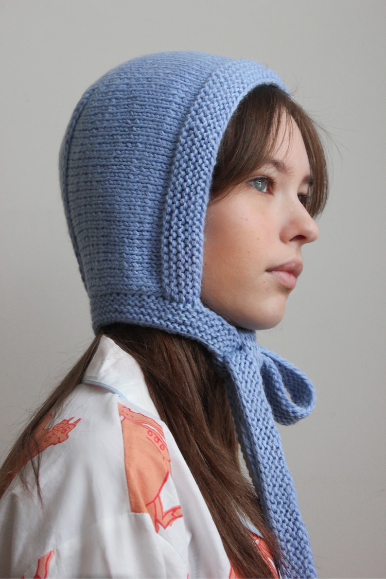 Hand-knitted Adult Bow Tie Bonnet hat in Light Blue image 6
