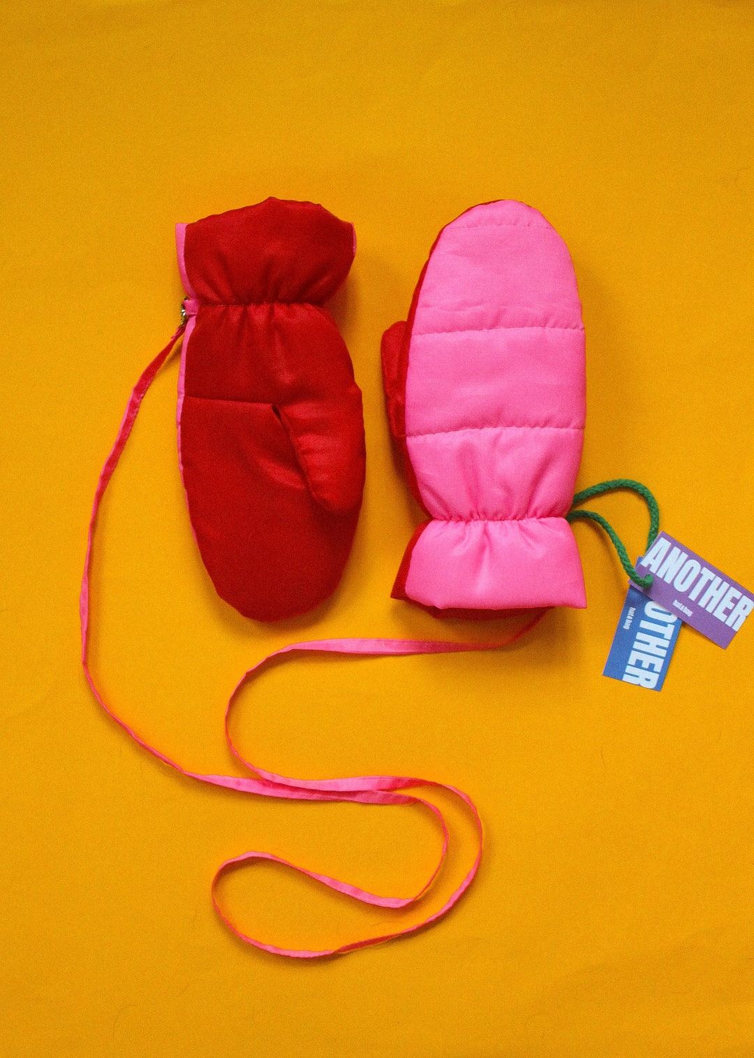Bicolor Puffer Mittens on Strings in Hot Pink and Red Etsy