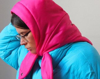 PILLOW HEADSCARF - Balaclava in Hot Pink ,scarf quilted shawl bandana shawl puffer, babyshka style Quilted Headscarf, the bear