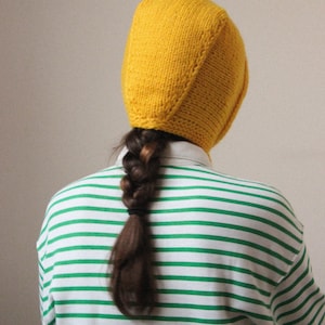 Hand-knitted Adult Bow Tie Bonnet hat in Yellow image 4