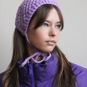 Hand knitted Demi Season Adult Bow Tie Mesh Bonnet Headband in Lilac, tie headband, headband image 5