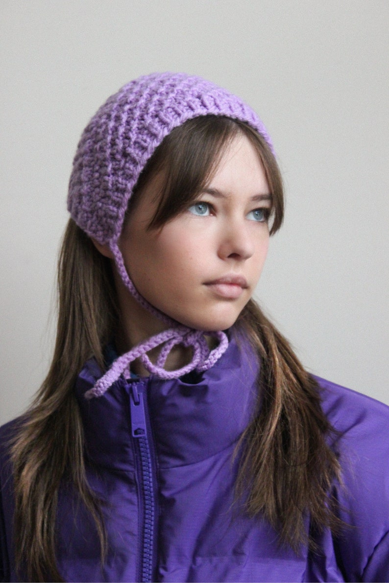 Hand knitted Demi Season Adult Bow Tie Mesh Bonnet Headband in Lilac, tie headband, headband image 5