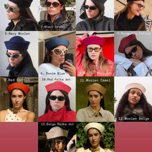 May include: A collection of fourteen sailor-style hats in various colors and patterns, including black, navy, burgundy, red, camel, beige, and buttermilk. The hats are made from wool, cotton, or denim, featuring solid, polka dot, and textured finishes.