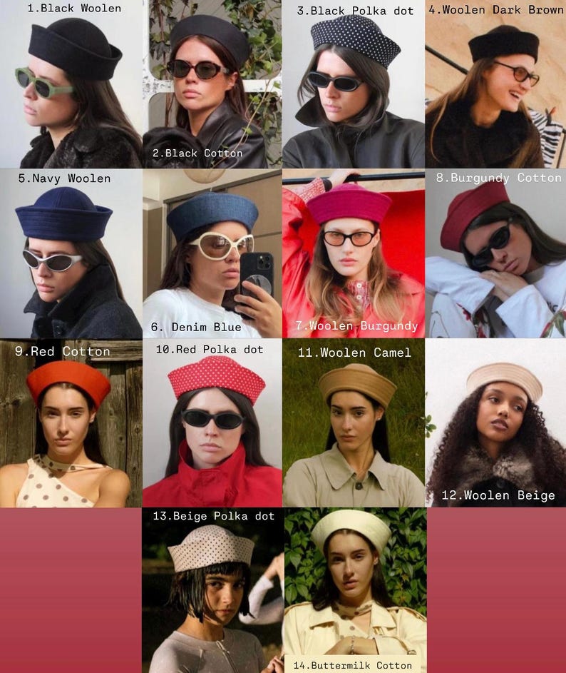 May include: A collection of fourteen sailor-style hats in various colors and patterns, including black, navy, burgundy, red, camel, beige, and buttermilk. The hats are made from wool, cotton, or denim, featuring solid, polka dot, and textured finishes.