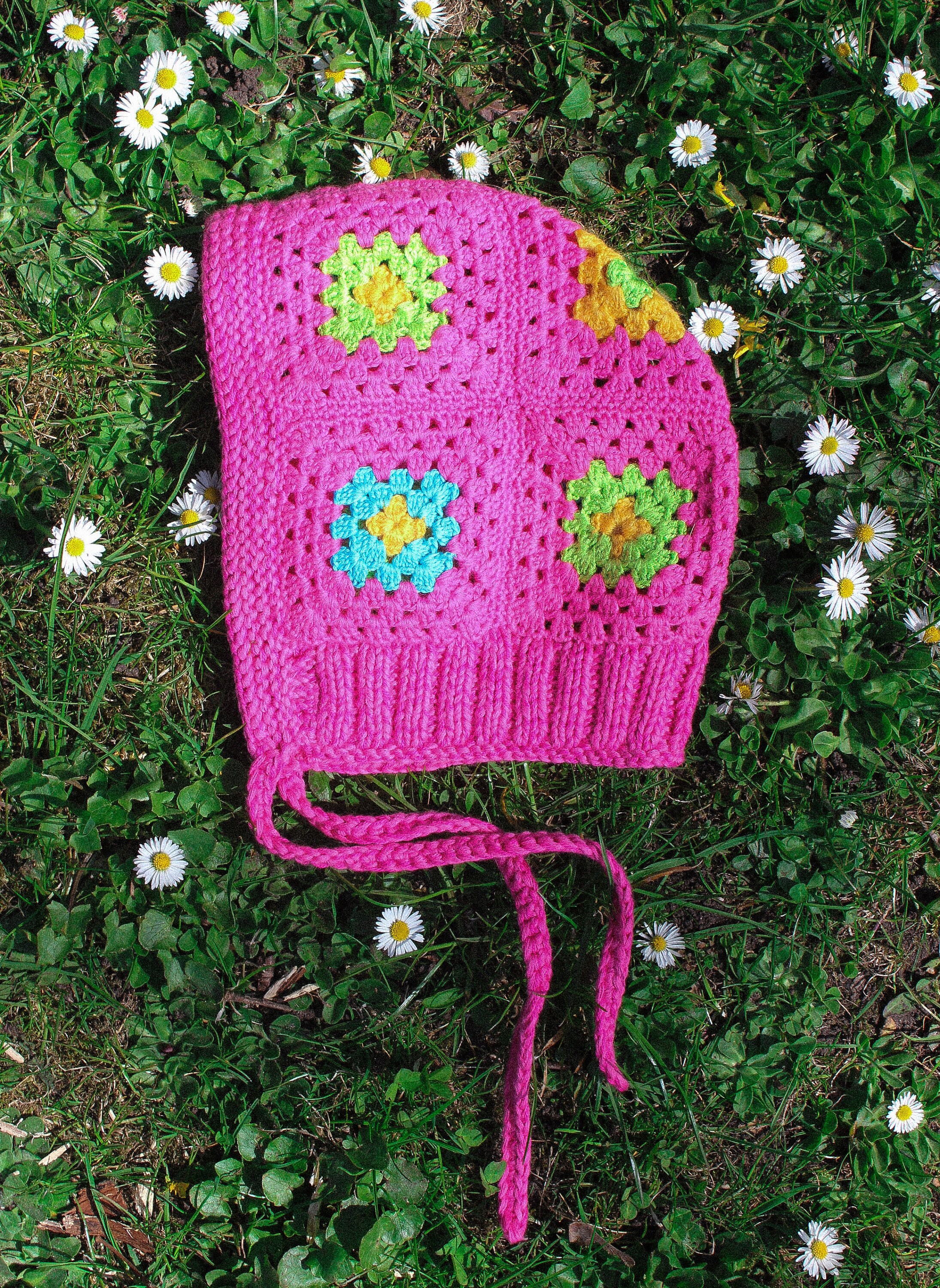 Patchwork Granny Square Adult Crochet Bow Tie Bonnet in Pink and Multi ...