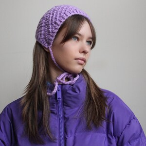 Hand knitted Demi Season Adult Bow Tie Mesh Bonnet Headband in Lilac, tie headband, headband image 4