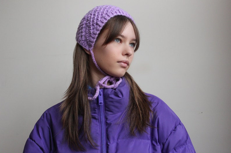 Hand knitted Demi Season Adult Bow Tie Mesh Bonnet Headband in Lilac, tie headband, headband image 4