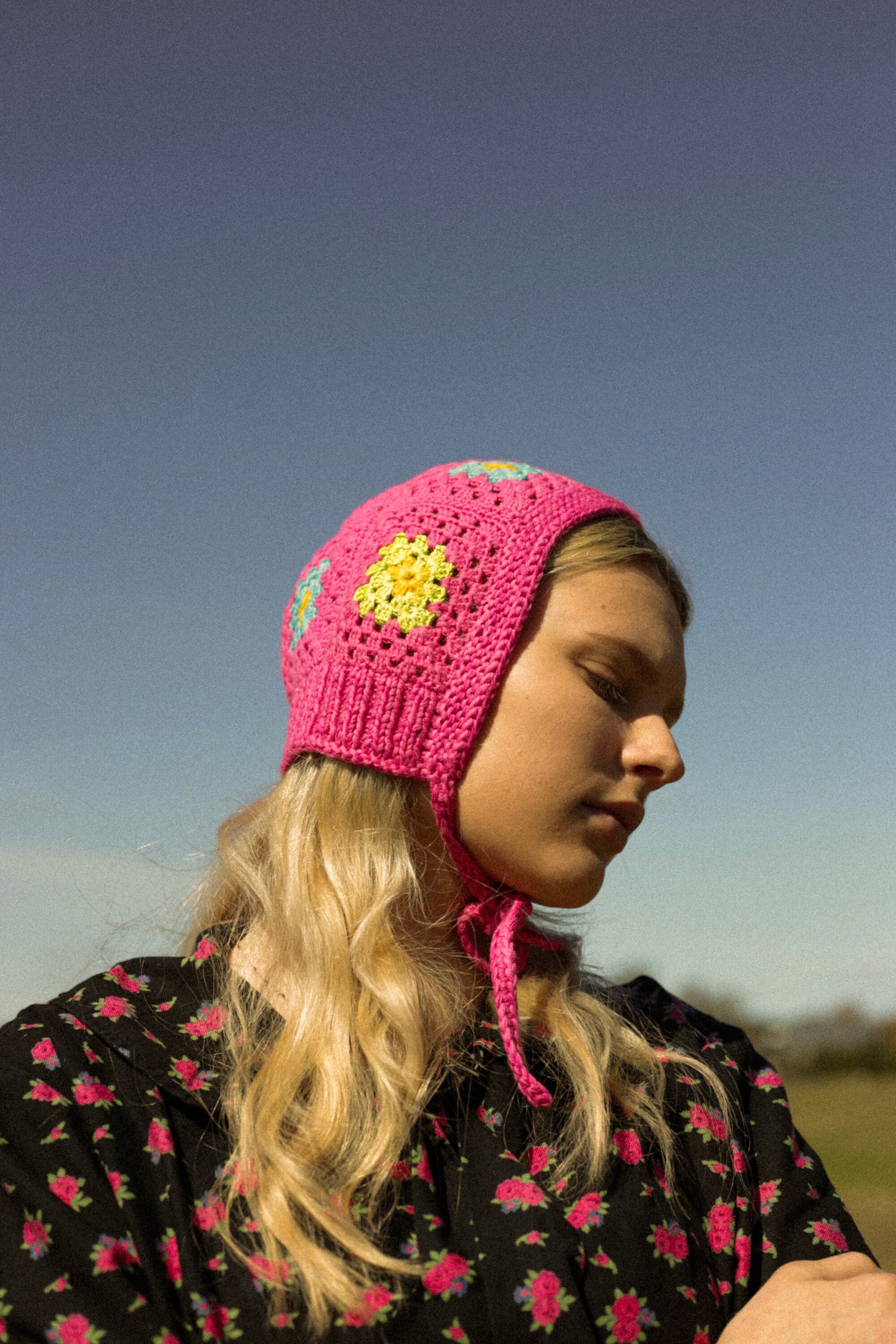 Patchwork Granny Square Adult Crochet Bow Tie Bonnet in Pink