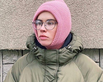 Gorro de pasamontañas de lana merino de lana. Gorro de pasamontañas de doble capa con forro de lana merino, gorro de punto, pasamontañas de punto, gorro de punto, ganchillo pasamontañas