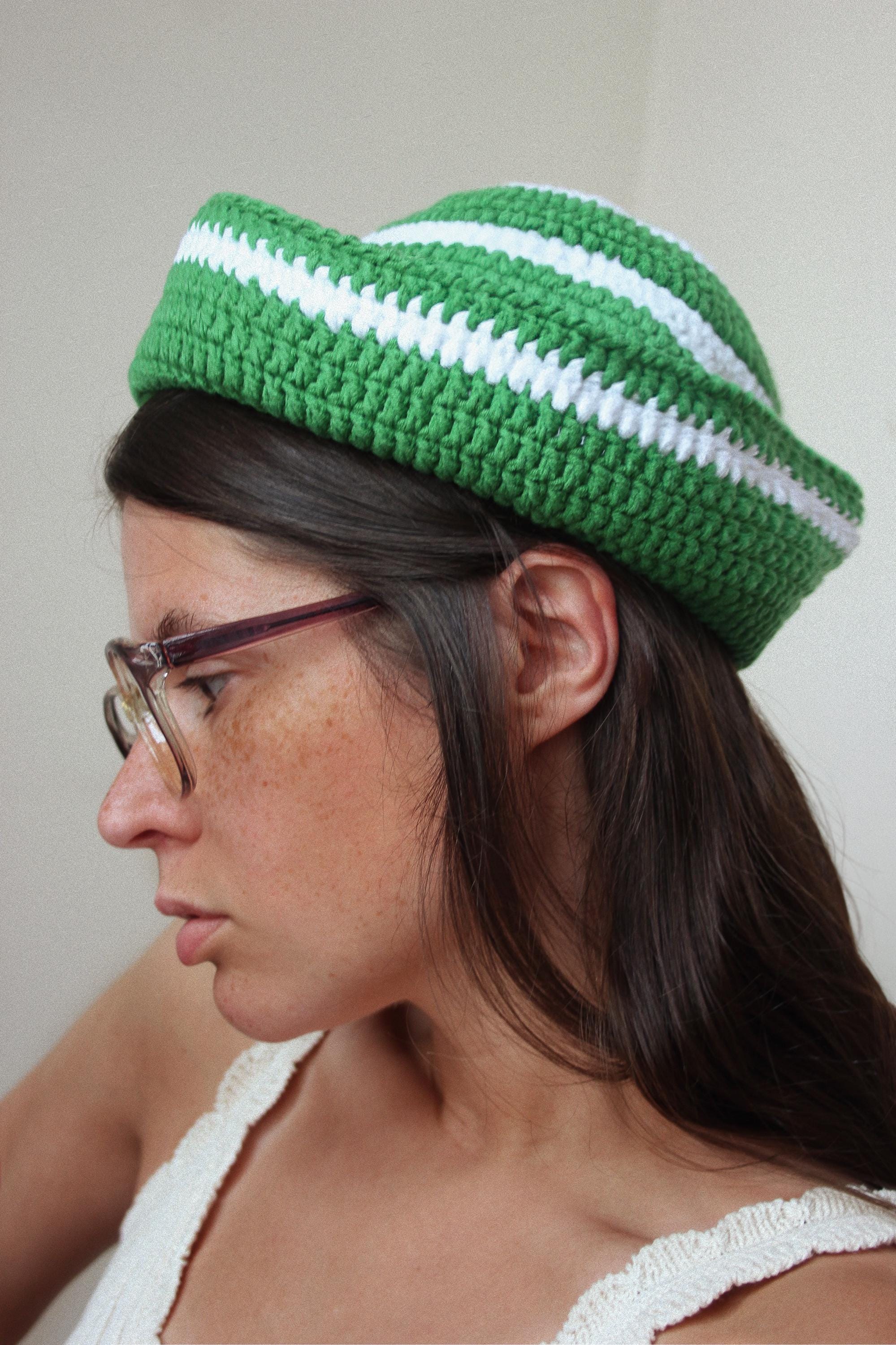Crochet Premium Cotton Striped Marin Hat in Green & White, pillbox hat,summer hat,summer headwear,sailor hat,vacation hat,Yacht getaway