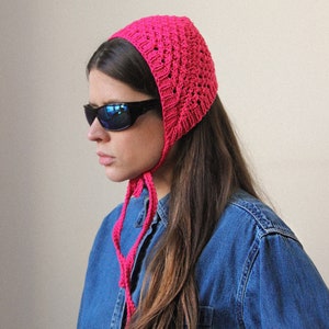Hand knitted Demi Season Adult Bow Tie Mesh Bonnet Headband in hot pink, tie headband, headband image 4