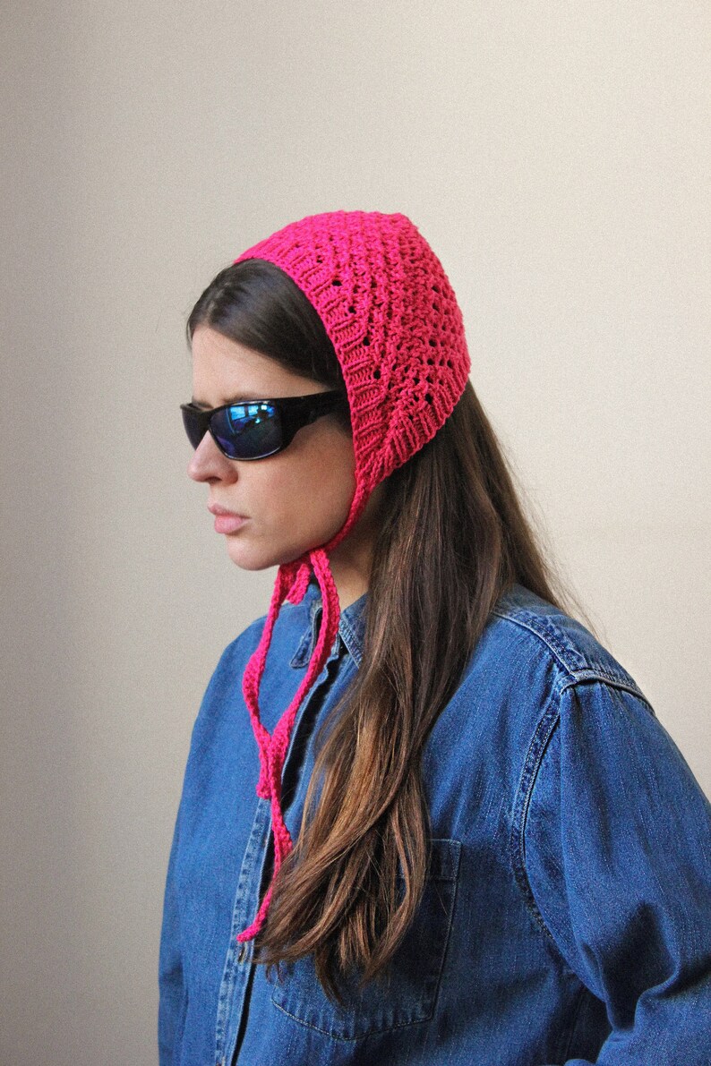 Hand knitted Demi Season Adult Bow Tie Mesh Bonnet Headband in hot pink, tie headband, headband image 4