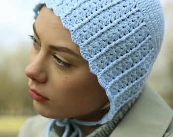 Adult Crochet Bow Tie cotton Bonnet in sky blue