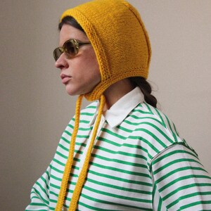 Hand-knitted Adult Bow Tie Bonnet hat in Yellow image 6