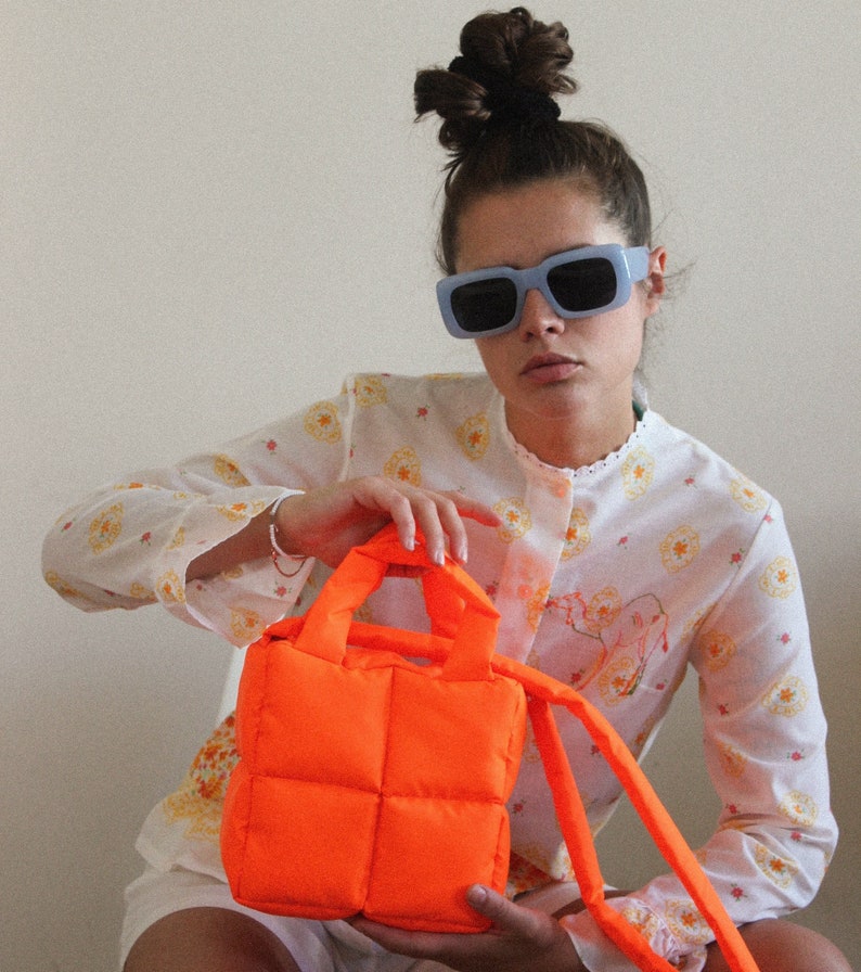 MINI PILLOW PUFFER essential bag in neon orange , tote bag , neon mandarin bag image 1