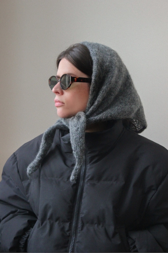 Hand - Knitted Mohair Melange Headscarf in Charcoal Gray. - Etsy