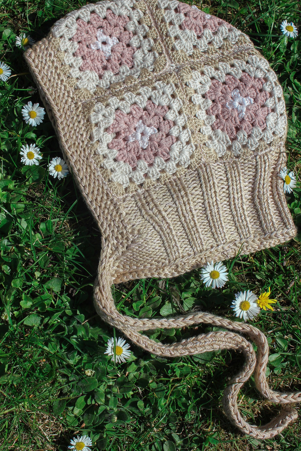 Patchwork Granny Square Adult Crochet Bow Tie Bonnet in Beige ...