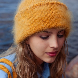 Hand Knitted Mohair Beanie Hat in Mustard yellow image 4