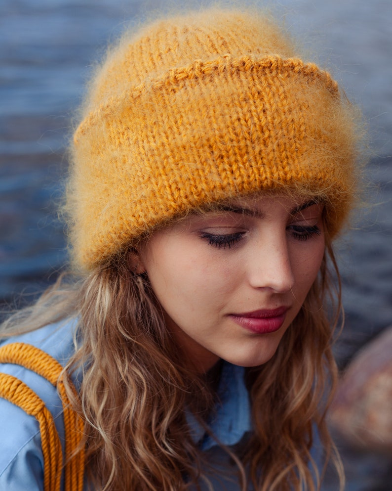Hand Knitted Mohair Beanie Hat in Mustard yellow image 4
