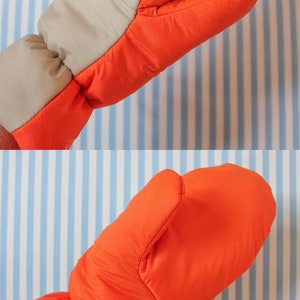 Bicolor Puffer Mittens on Strings in orange and beige image 5