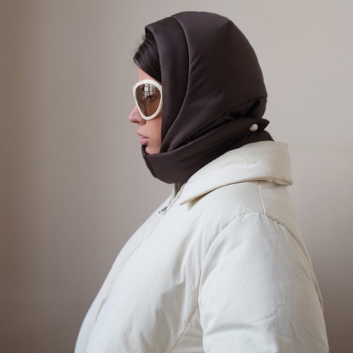 PILLOW HEADSCARF - Balaclava in Dark Brown ,scarf quilted shawl bandana shawl puffer, babyshka style Quilted Headscarf, the bear